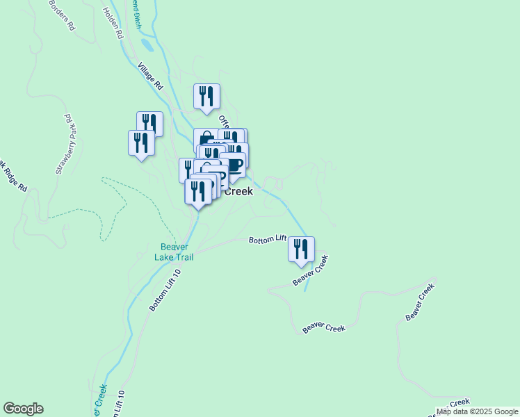 map of restaurants, bars, coffee shops, grocery stores, and more near 96 Highlands Lane in Beaver Creek