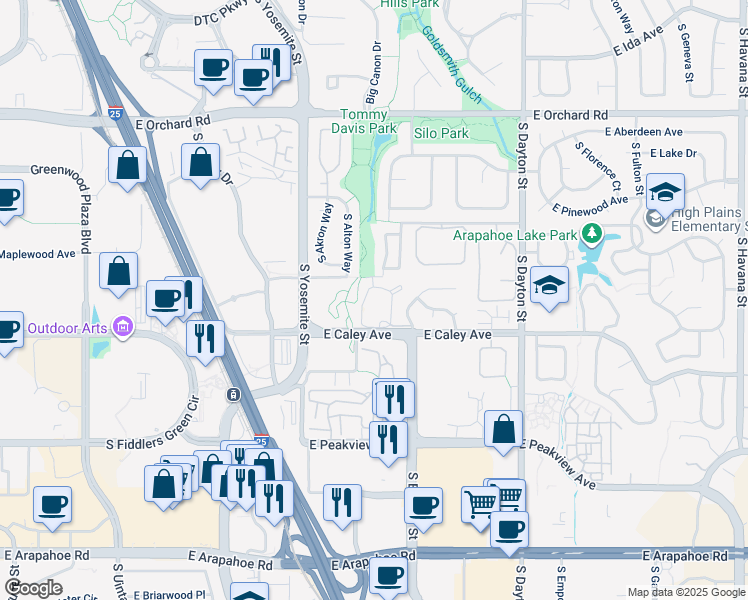 map of restaurants, bars, coffee shops, grocery stores, and more near 9170 East Arbor Circle in Englewood