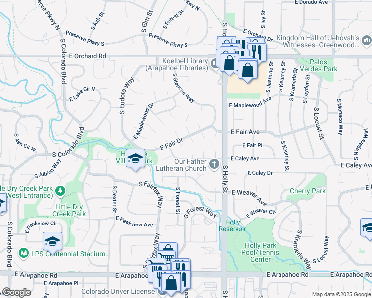 map of restaurants, bars, coffee shops, grocery stores, and more near 5321 East Caley Avenue in Centennial
