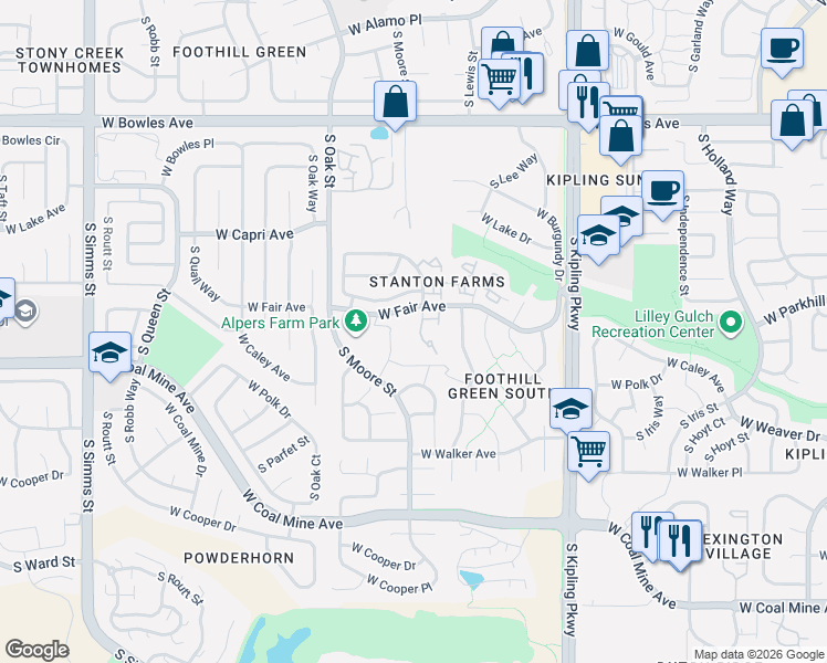 map of restaurants, bars, coffee shops, grocery stores, and more near 10460 West Fair Avenue in Littleton
