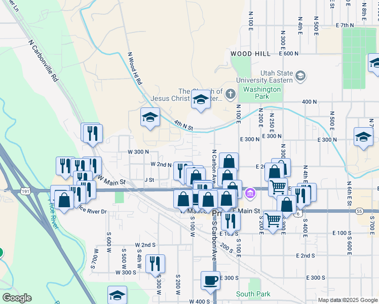 map of restaurants, bars, coffee shops, grocery stores, and more near 140 West 2nd North in Price