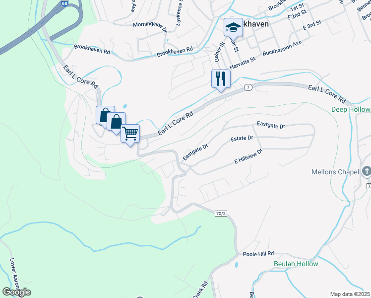 map of restaurants, bars, coffee shops, grocery stores, and more near 22 Eastgate Drive in Morgantown