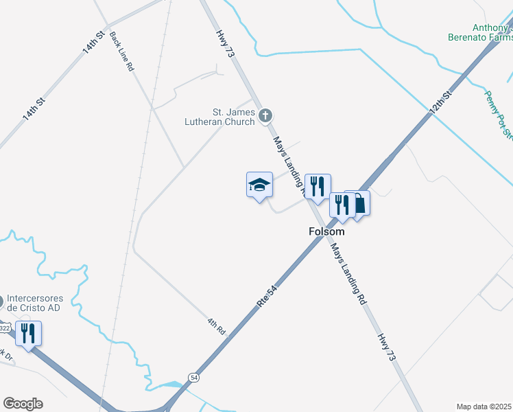 map of restaurants, bars, coffee shops, grocery stores, and more near 1357 Mays Landing Road in Hammonton