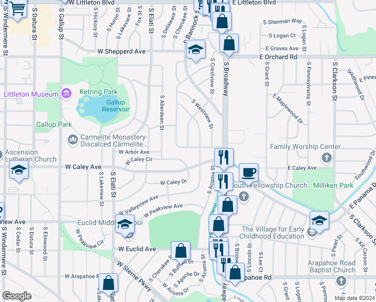 map of restaurants, bars, coffee shops, grocery stores, and more near 300 West Fair Avenue in Littleton