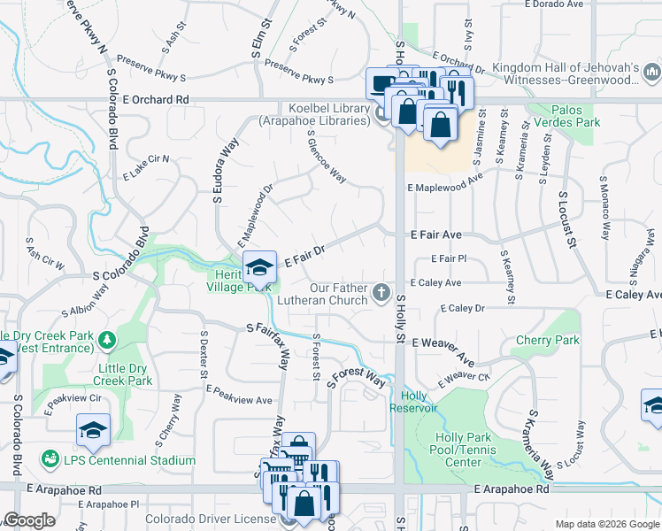 map of restaurants, bars, coffee shops, grocery stores, and more near 5321 East Caley Avenue in Centennial