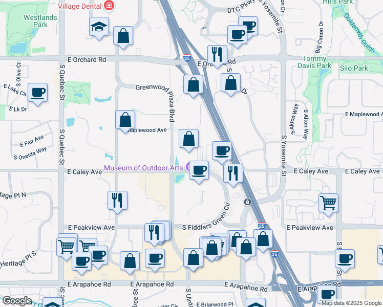 map of restaurants, bars, coffee shops, grocery stores, and more near 6312 South Fiddlers Green Circle in Greenwood Village