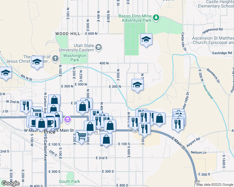map of restaurants, bars, coffee shops, grocery stores, and more near 250 North 6th Avenue in Price
