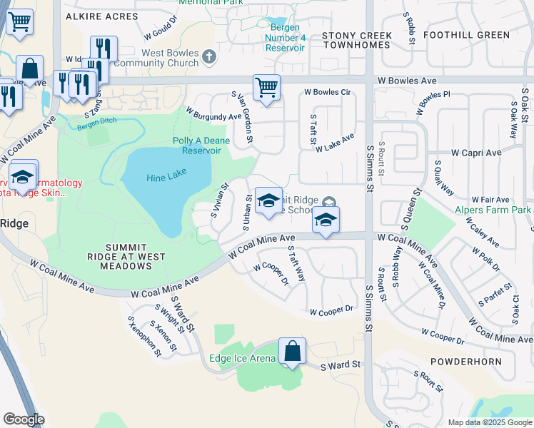 map of restaurants, bars, coffee shops, grocery stores, and more near 12109 West Coal Mine Avenue in Littleton