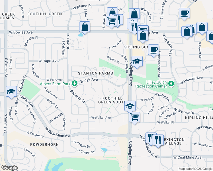 map of restaurants, bars, coffee shops, grocery stores, and more near 6221 South Lewis Street in Littleton