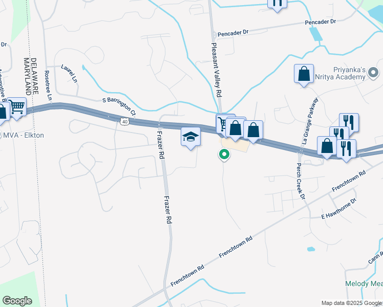 map of restaurants, bars, coffee shops, grocery stores, and more near 2451 Frazer Road in Newark