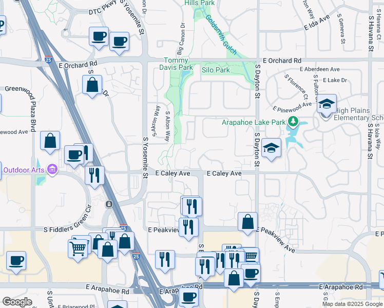 map of restaurants, bars, coffee shops, grocery stores, and more near 6277 South Boston Court in Englewood