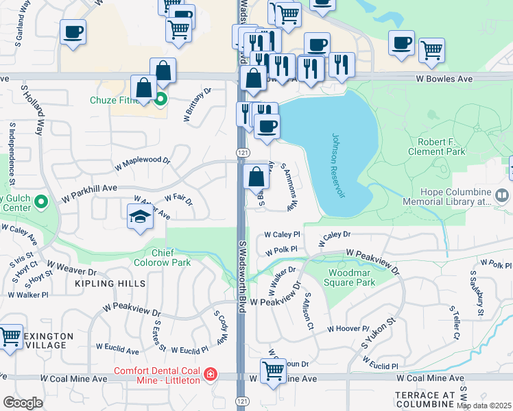 map of restaurants, bars, coffee shops, grocery stores, and more near 6179 South Balsam Way in Littleton