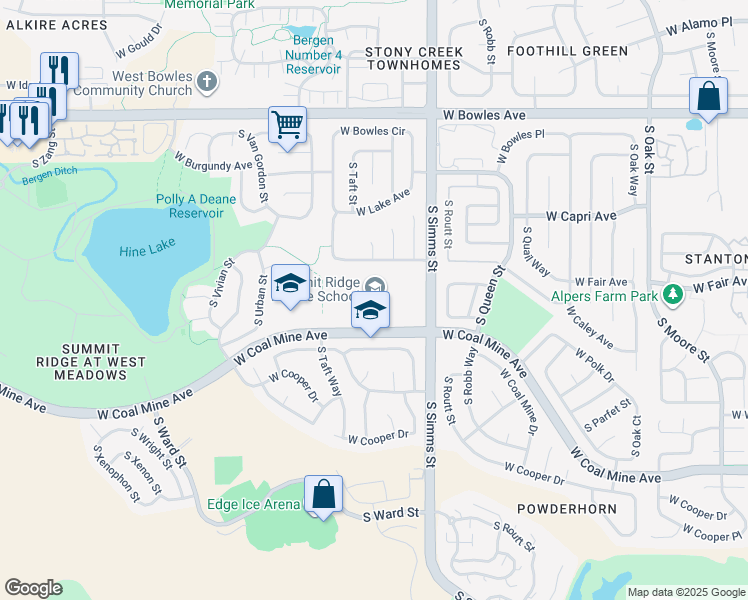 map of restaurants, bars, coffee shops, grocery stores, and more near 11809 West Coal Mine Avenue in Littleton