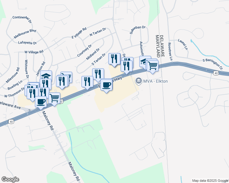 map of restaurants, bars, coffee shops, grocery stores, and more near 1000 U.S. 40 in Elkton