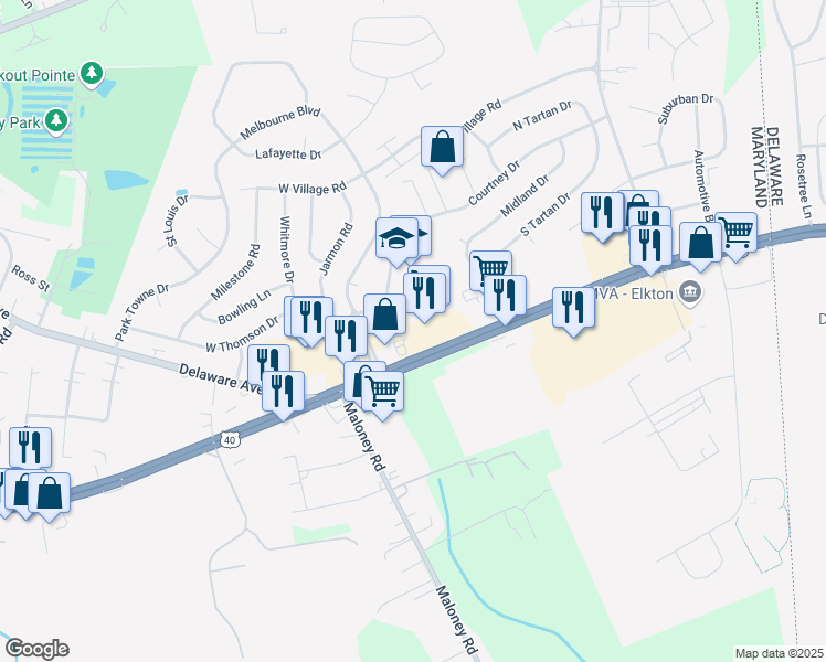 map of restaurants, bars, coffee shops, grocery stores, and more near 1001 East Pulaski Highway in Elkton