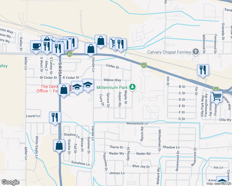 map of restaurants, bars, coffee shops, grocery stores, and more near 440 Sycamore Street in Fernley