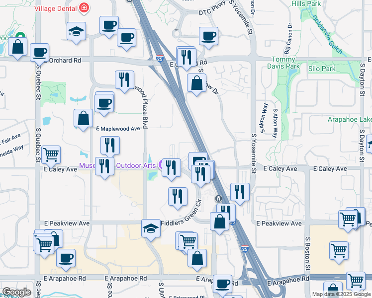 map of restaurants, bars, coffee shops, grocery stores, and more near 6340 South Fiddlers Green Circle in Greenwood Village