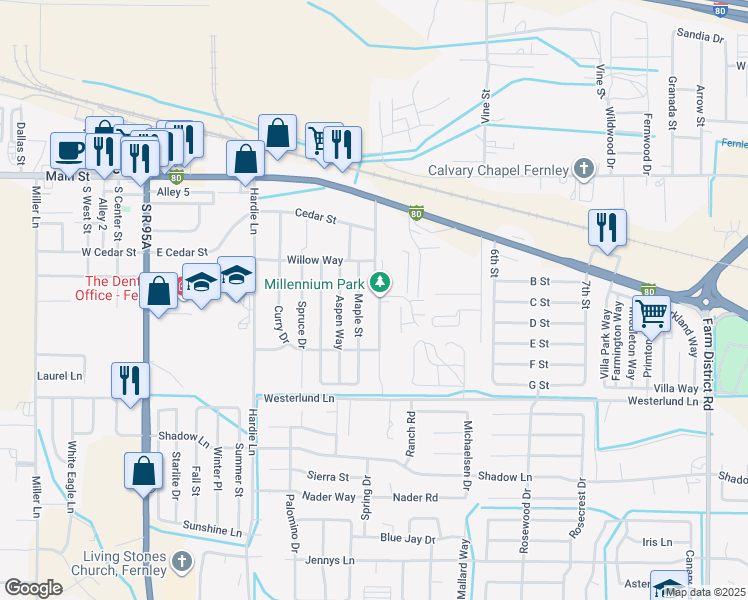 map of restaurants, bars, coffee shops, grocery stores, and more near 618 Silverlace Boulevard in Fernley