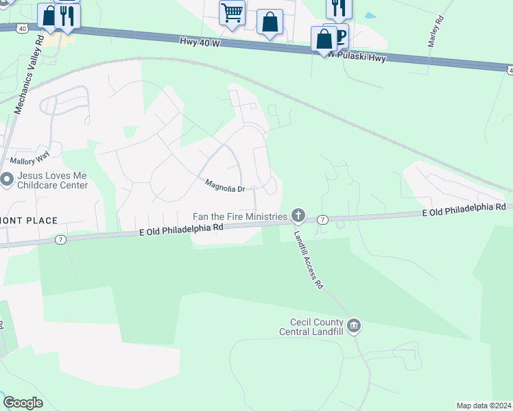 map of restaurants, bars, coffee shops, grocery stores, and more near 2 Ridgely Forest Drive in Elkton
