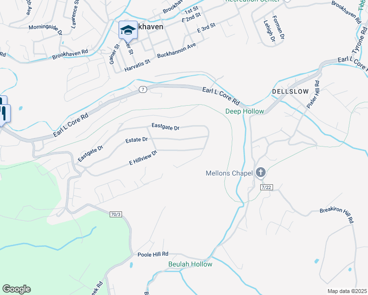 map of restaurants, bars, coffee shops, grocery stores, and more near 406 Eastgate Drive in Morgantown