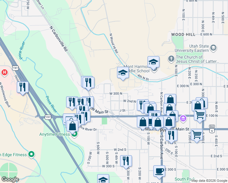 map of restaurants, bars, coffee shops, grocery stores, and more near 424 West 300 North in Price