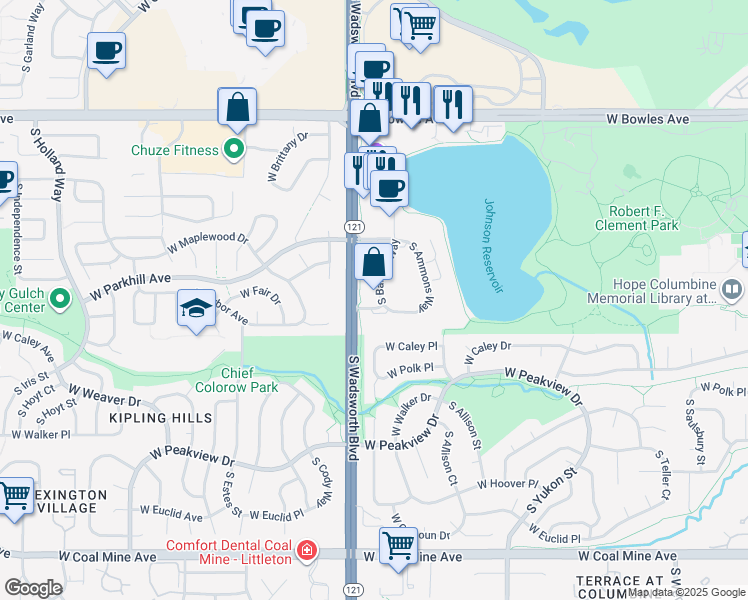 map of restaurants, bars, coffee shops, grocery stores, and more near 6179 South Balsam Way in Littleton