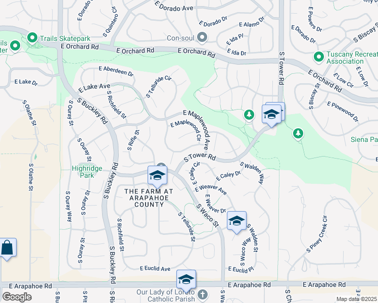 map of restaurants, bars, coffee shops, grocery stores, and more near 18129 East Caley Circle in Aurora