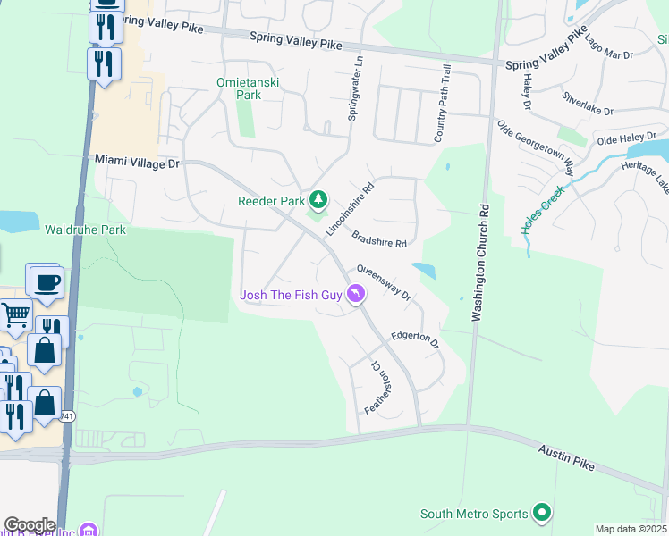 map of restaurants, bars, coffee shops, grocery stores, and more near 2464 Miami Village Drive in Miamisburg