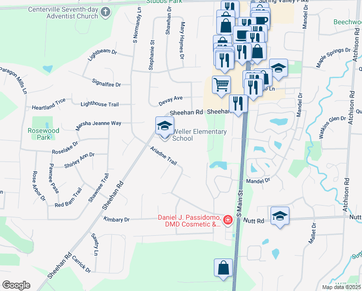 map of restaurants, bars, coffee shops, grocery stores, and more near 9600 Sheehan Road in Dayton
