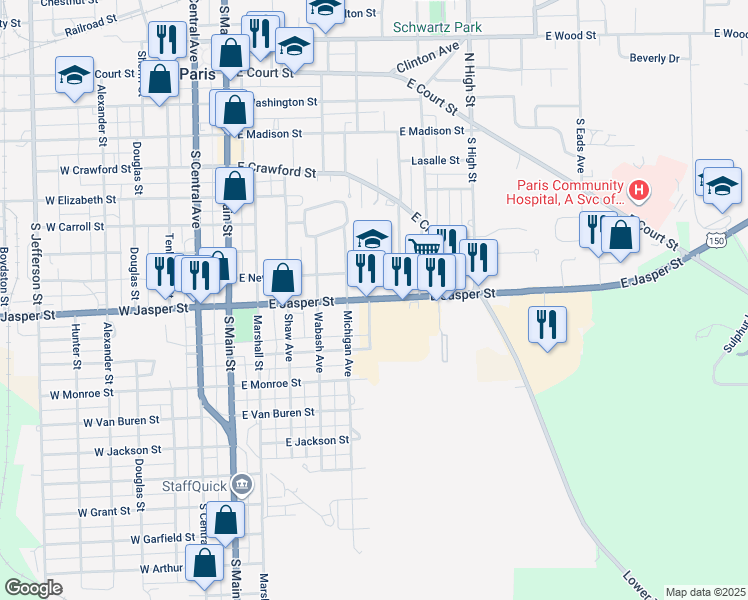 map of restaurants, bars, coffee shops, grocery stores, and more near 518 East Jasper Street in Paris
