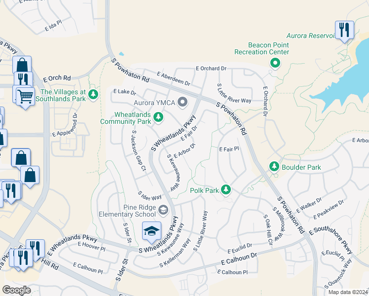 map of restaurants, bars, coffee shops, grocery stores, and more near 6263 South Kellerman Court in Aurora