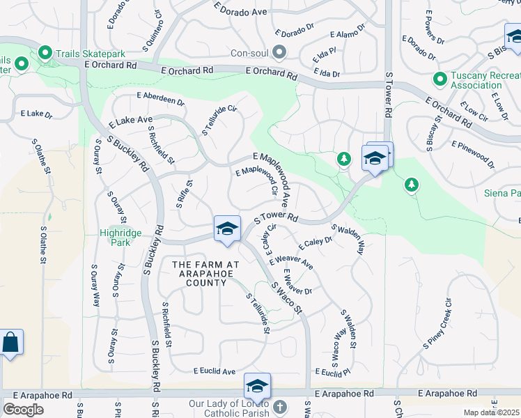 map of restaurants, bars, coffee shops, grocery stores, and more near 18129 East Caley Circle in Aurora