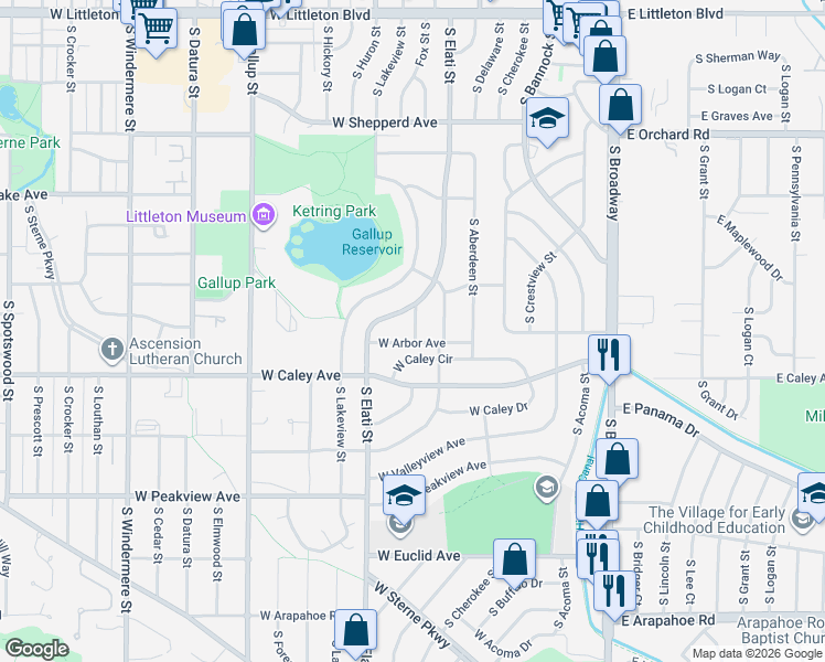 map of restaurants, bars, coffee shops, grocery stores, and more near 625 West Caley Circle in Littleton