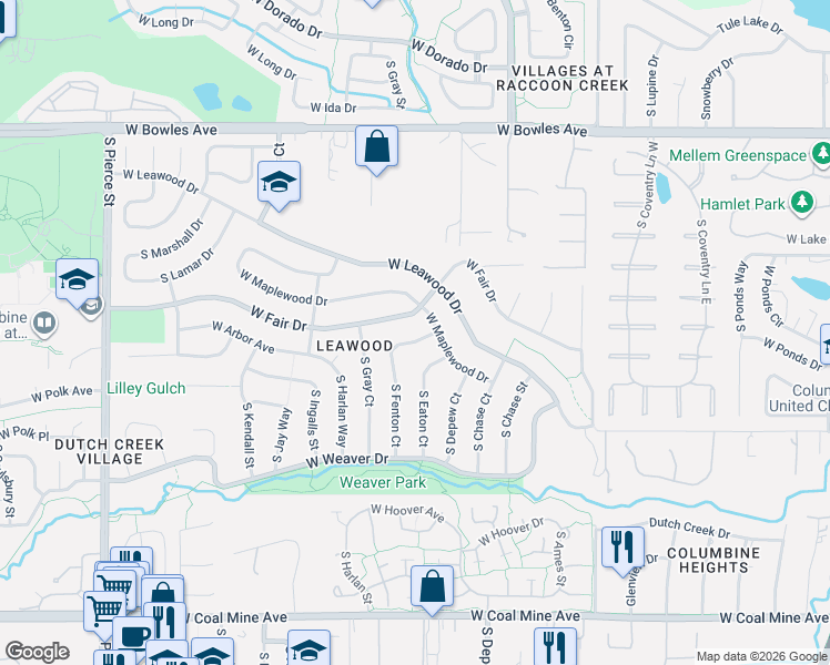 map of restaurants, bars, coffee shops, grocery stores, and more near 6135 South Eaton Court in Littleton