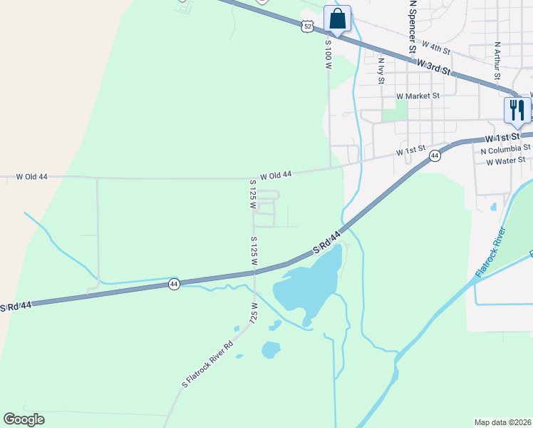 map of restaurants, bars, coffee shops, grocery stores, and more near 676 South 125 West in Rushville