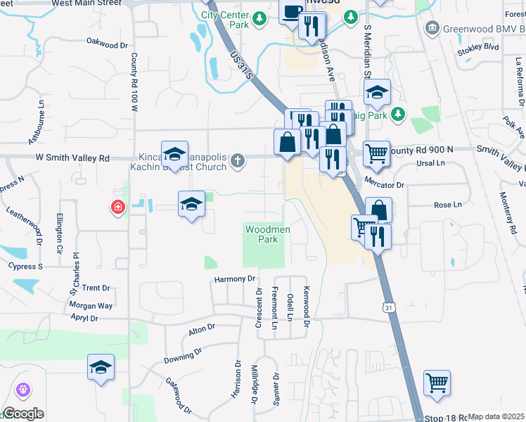 map of restaurants, bars, coffee shops, grocery stores, and more near 720 Ashmore Drive in Greenwood