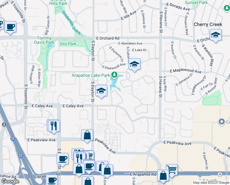map of restaurants, bars, coffee shops, grocery stores, and more near 6257 South Elmira Circle East in Englewood
