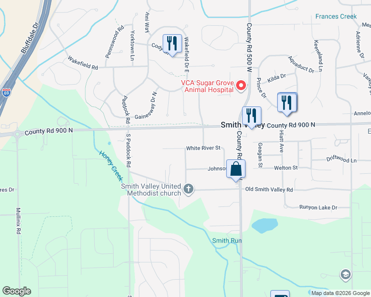 map of restaurants, bars, coffee shops, grocery stores, and more near 5299 White River Street in Greenwood