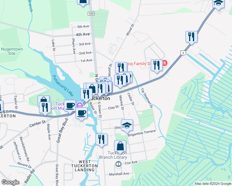 map of restaurants, bars, coffee shops, grocery stores, and more near in Tuckerton