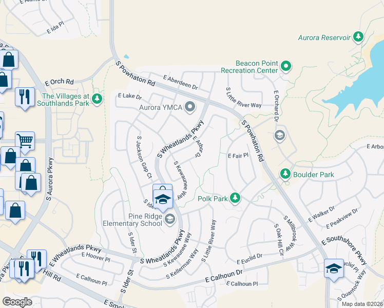 map of restaurants, bars, coffee shops, grocery stores, and more near 6263 South Kellerman Court in Aurora