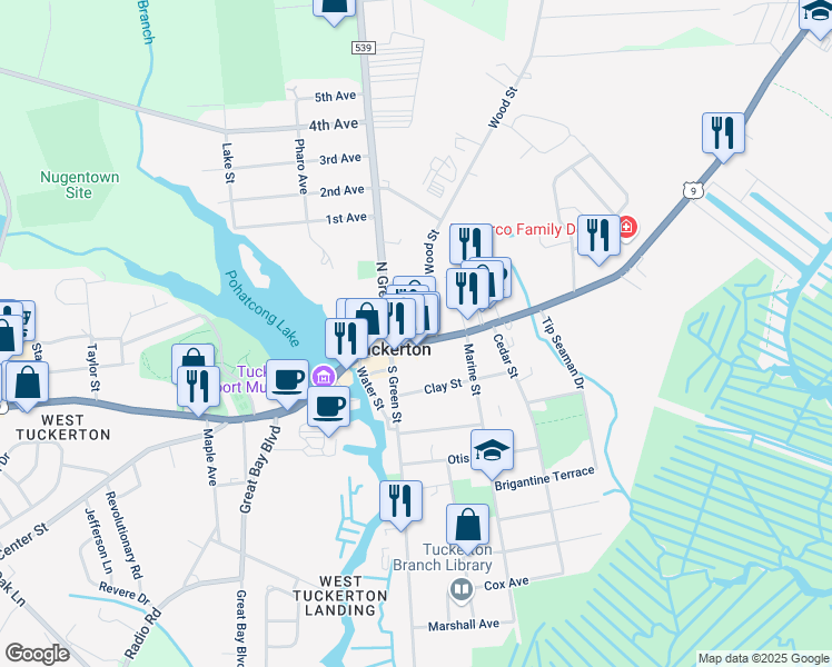 map of restaurants, bars, coffee shops, grocery stores, and more near 123 East Main Street in Tuckerton