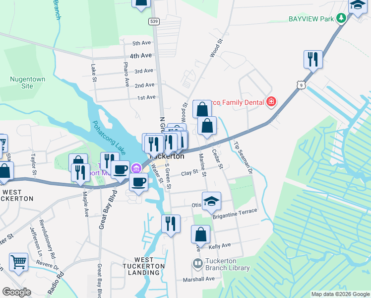 map of restaurants, bars, coffee shops, grocery stores, and more near 135 East Main Street in Tuckerton