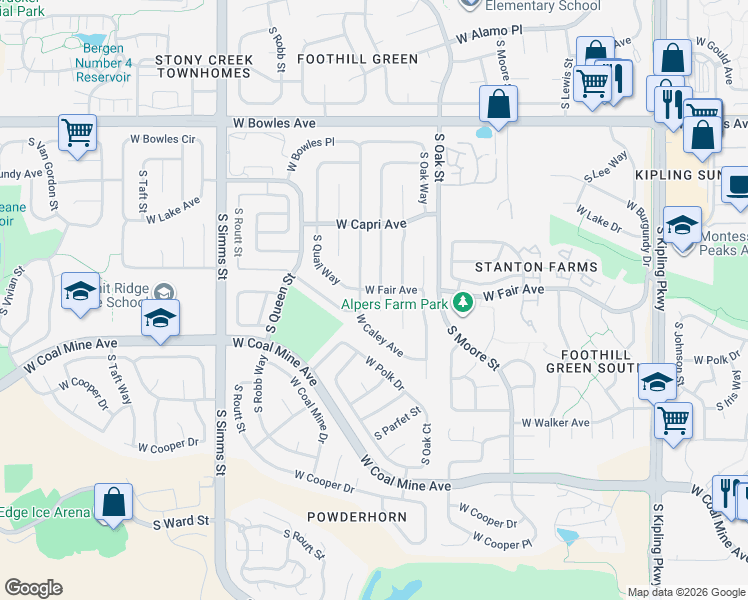 map of restaurants, bars, coffee shops, grocery stores, and more near 6157 South Pierson Street in Littleton