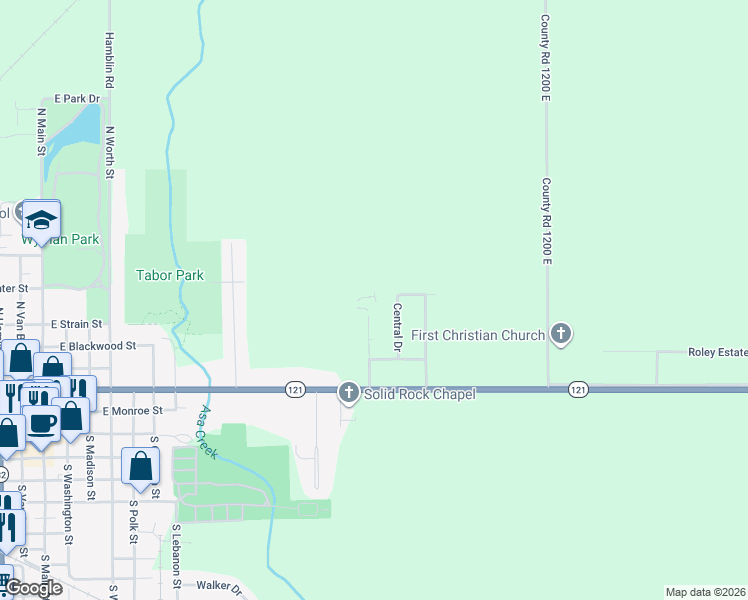 map of restaurants, bars, coffee shops, grocery stores, and more near 100 Eastview Place in Sullivan