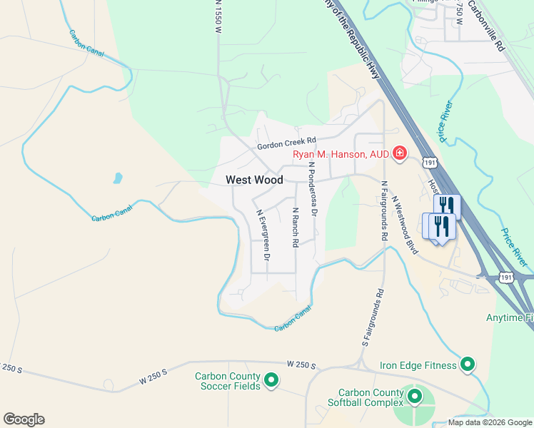 map of restaurants, bars, coffee shops, grocery stores, and more near 1399 West Cypress Way in Price