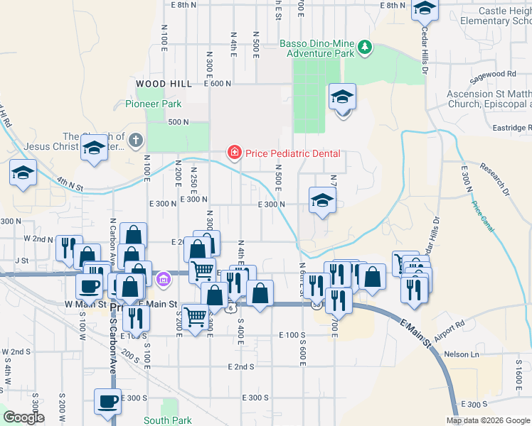 map of restaurants, bars, coffee shops, grocery stores, and more near 280 North 5th Avenue in Price