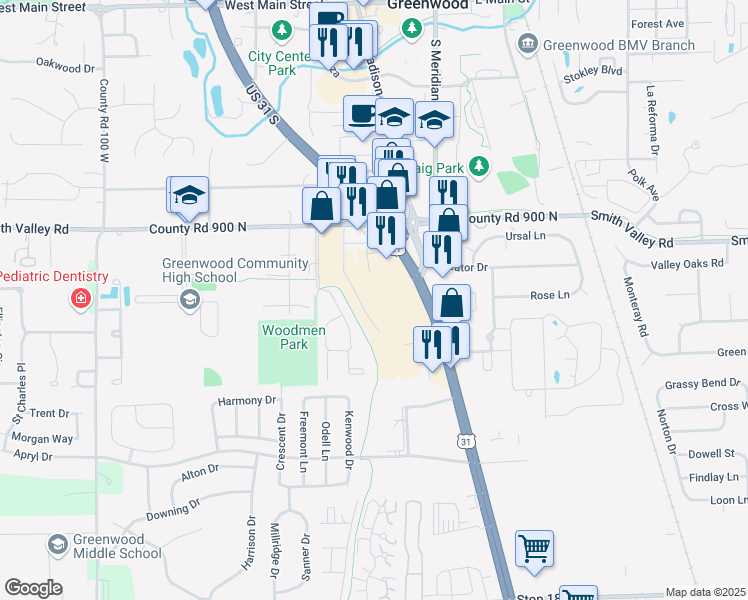 map of restaurants, bars, coffee shops, grocery stores, and more near 860 S U.S. 31 in Greenwood