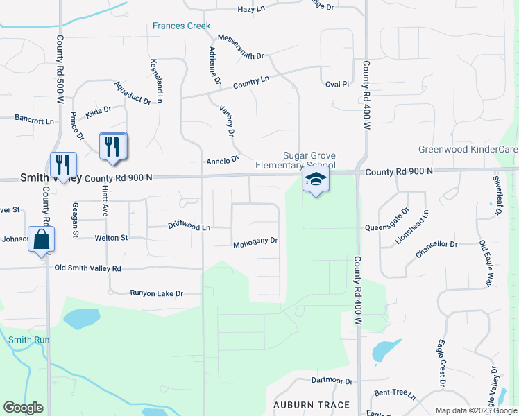 map of restaurants, bars, coffee shops, grocery stores, and more near 4317 Teakwood Lane in Greenwood