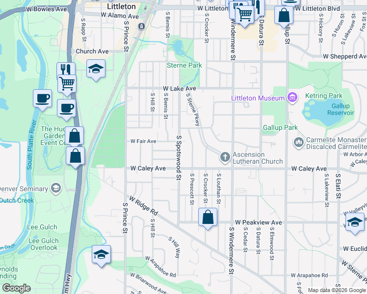 map of restaurants, bars, coffee shops, grocery stores, and more near 6190 South Prescott Street in Littleton