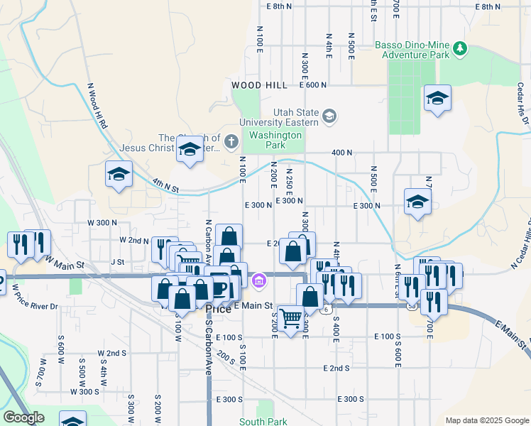 map of restaurants, bars, coffee shops, grocery stores, and more near 151 East 300 North in Price